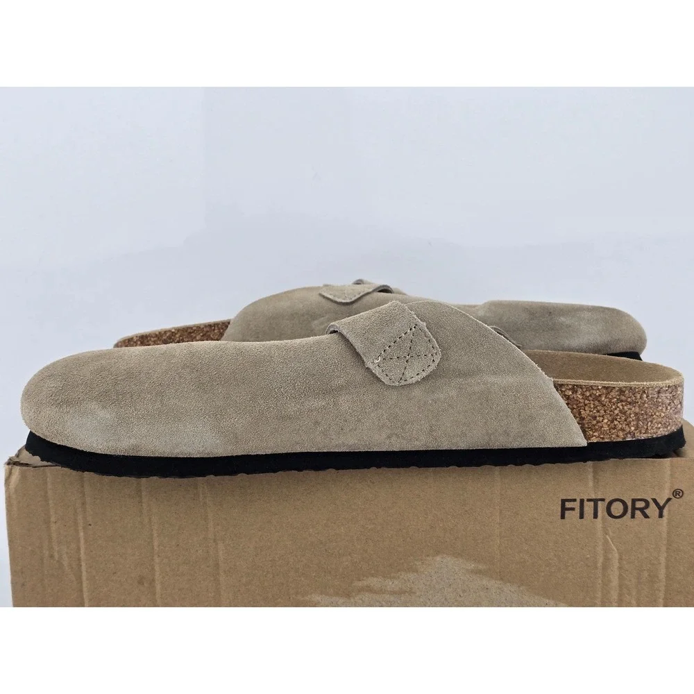 Fitory Suede Clogs Mens Size 11 Taupe Leather Mules Buckle Shoes‎ -Good